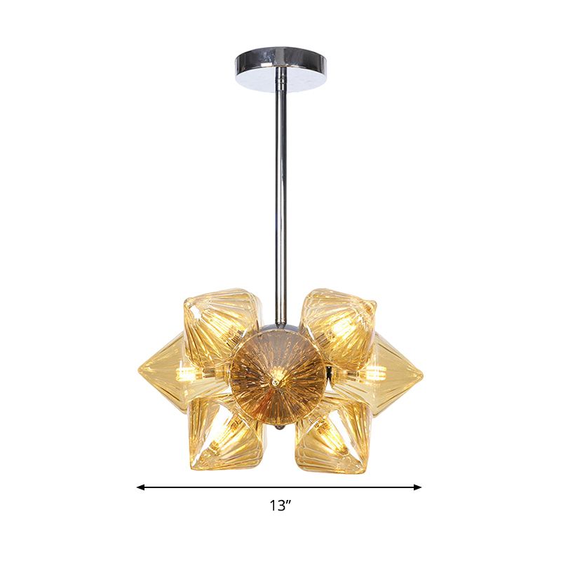 Chrome Diamond Chandelier Lamp Contemporary 9/12 Bulbs Amber Glass Hanging Ceiling Lamp
