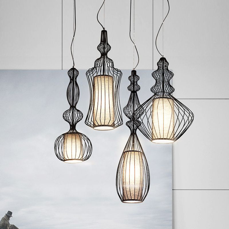 Black Wire Cage Pendant Lamp with Fabric Shade Retro Industrial Metal 1 Light Dining Room Hanging Light