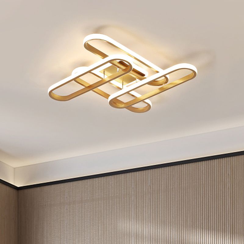 LED Living Room Ceiling Flush Gold Semi Mount Lighting Fixture with Oval Acrylic Shade in Warm/White Light