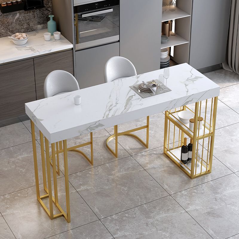 Stone Top Rectangle Bar Table with Metal Storage Base for Home
