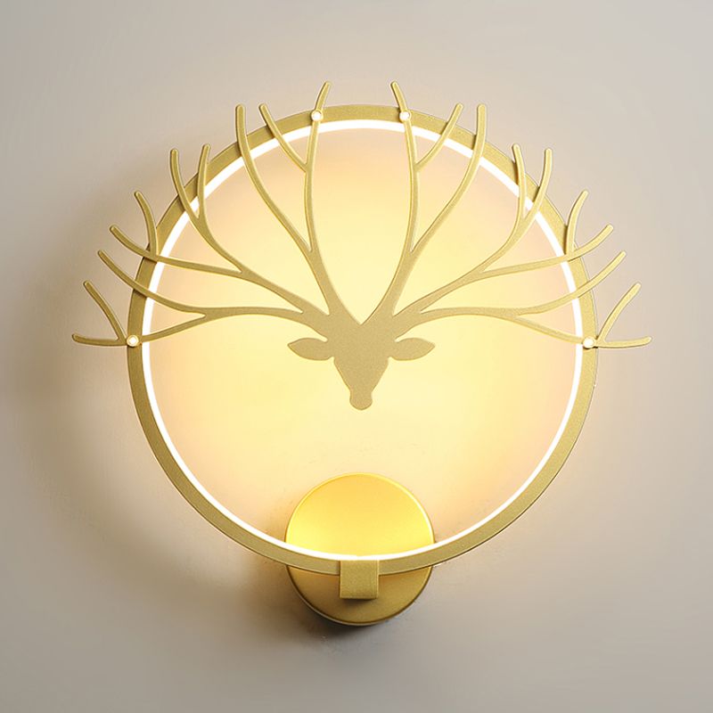 Circular Elk Deer Head Wall Lampe nordique Metal LED Black / Gol Mur Mural Lumière pour le chevet, Lumière chaude / blanche