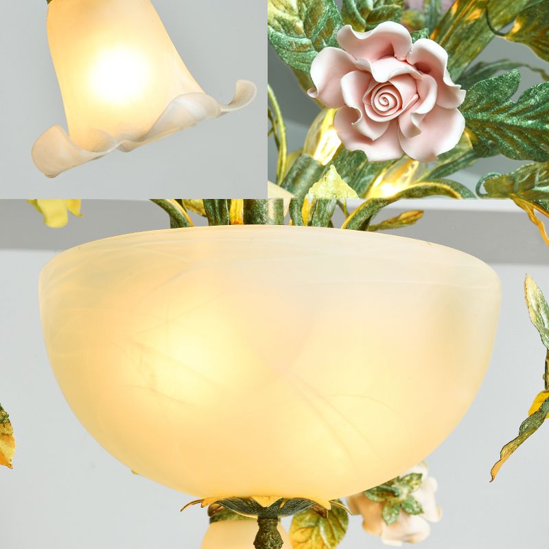 Ceramic Potted Flower Chandelier Pastoral Living Room Suspension Light with Bowl Opal Glass Shade