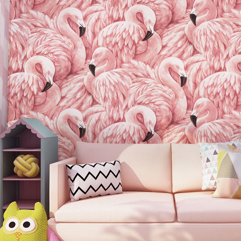 Tropical Flamingo Wallpaper Roll for Girls Bedroom, Soft Pink, 33-foot x 20.5-inch