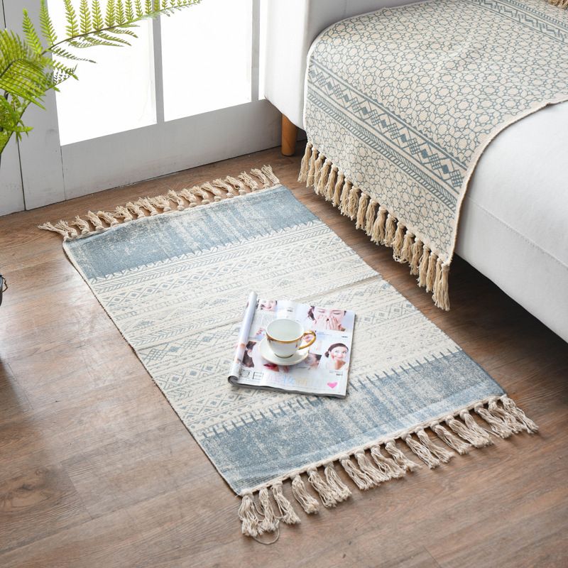 Boho Chic Bedroom Rug Multi-Color Geometric Pattern Rug Cotton Machine Wash Carpet with Tassel Fringe