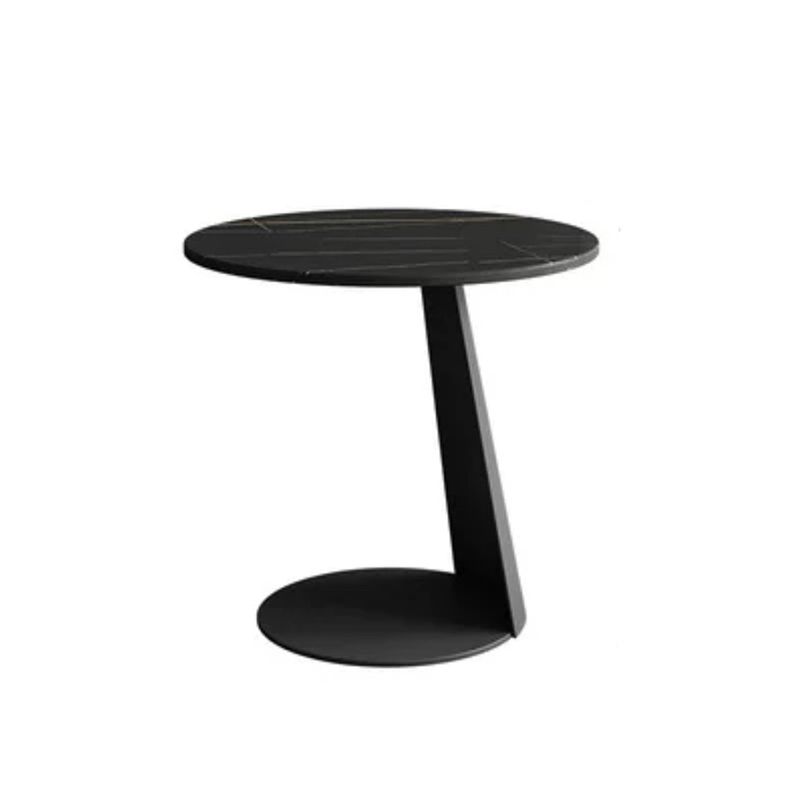 Modern Style Round Coffee Table with Iron Craft Black Base and Rock Slab White Top