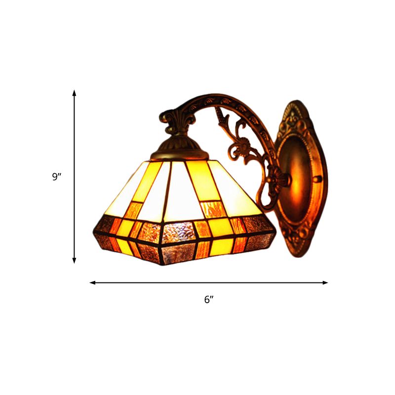 Stained Glass Tapered Wall Lighting 1 Head Mission Style Mini Wall Sconce Light in Antique Brass