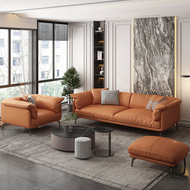 Stationary Stain Resistant Genuine Leather Living Room Pillow Top Arm Sofa