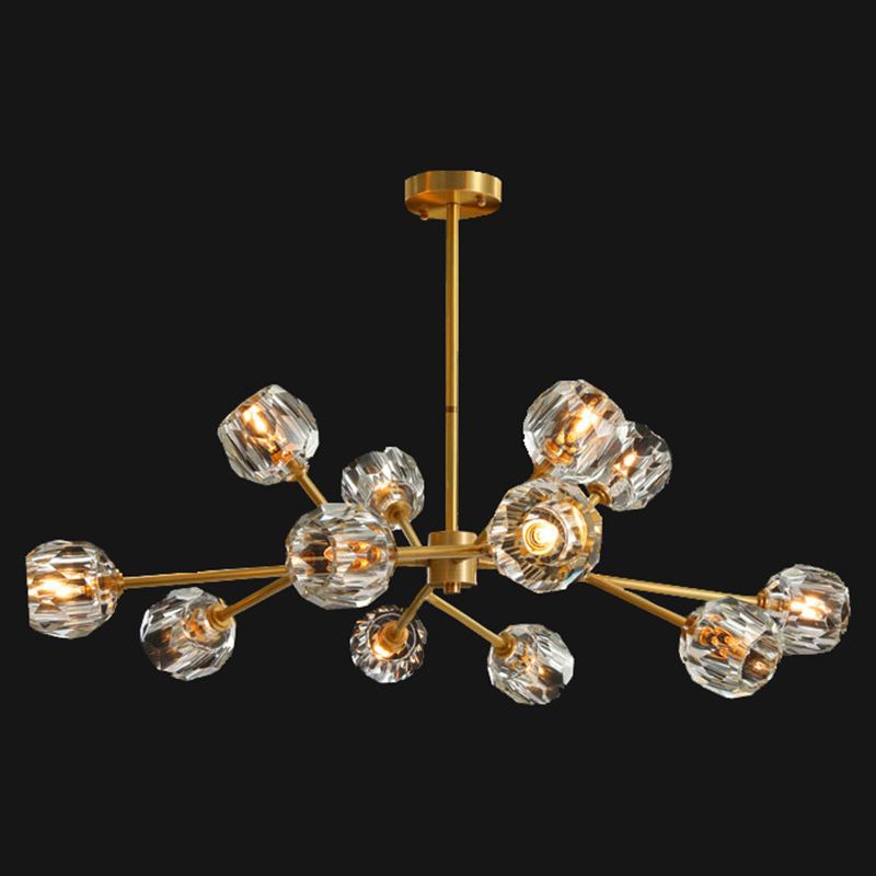 Branch Living Room Suspension Light Metal Artistic Chandelier Light with Faceted Crystal Shade in Gold