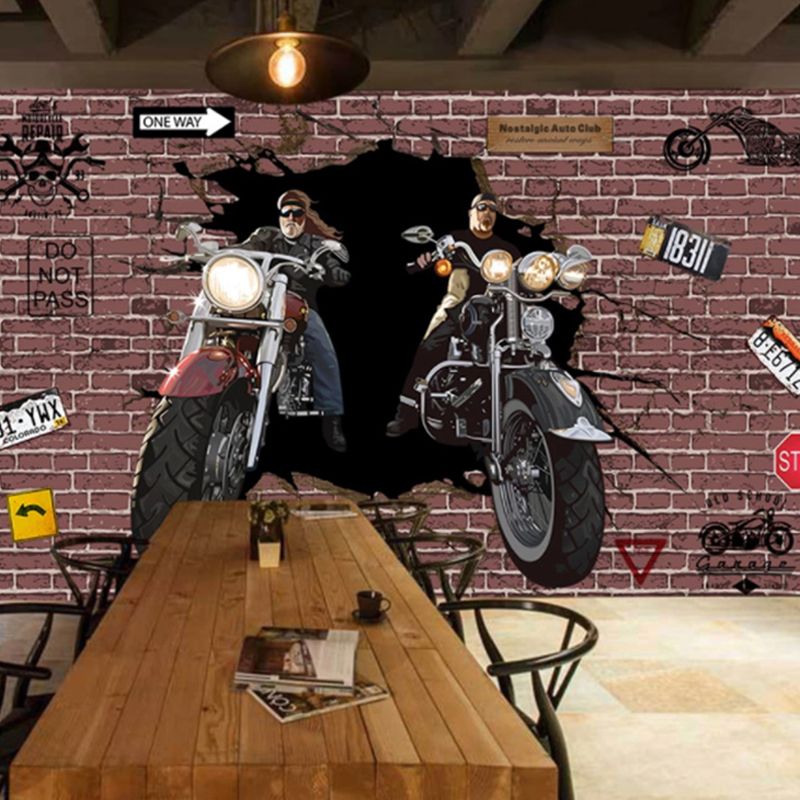 Full Unique Wall Mural Brown Brick and Motorcycle Wall Covering, Made to Measure