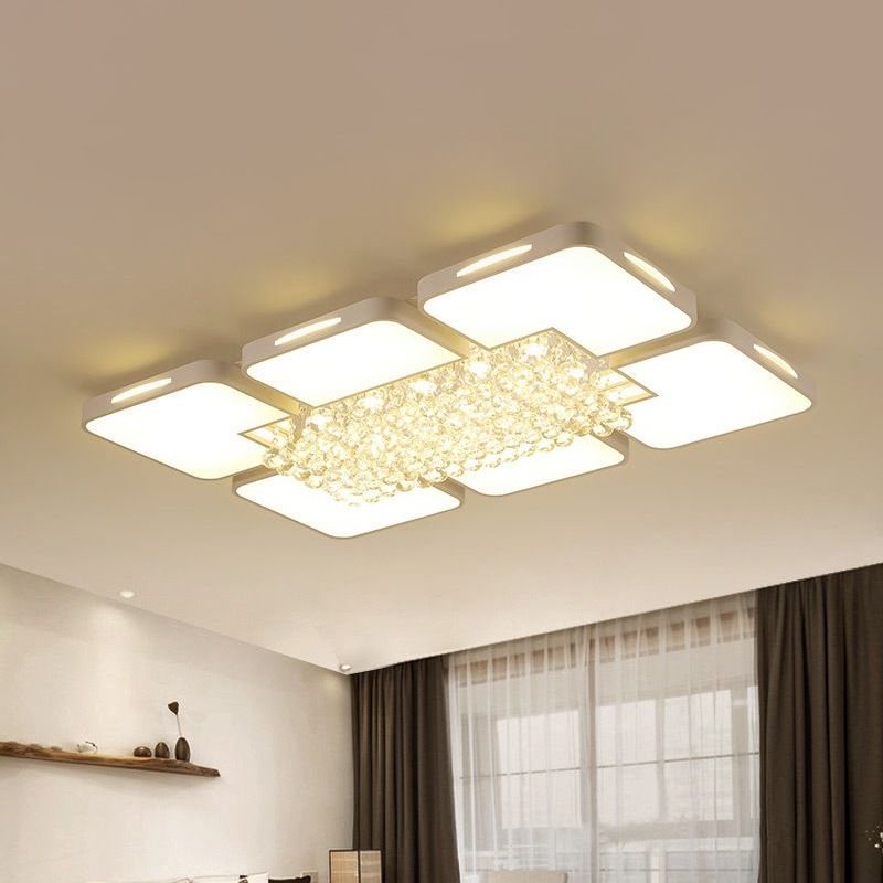 Acrylic Rectangle Flush Mount Ceiling Light Modern White Led Indoor Lighting with Crystal Ball, 23.5"/35.5" W