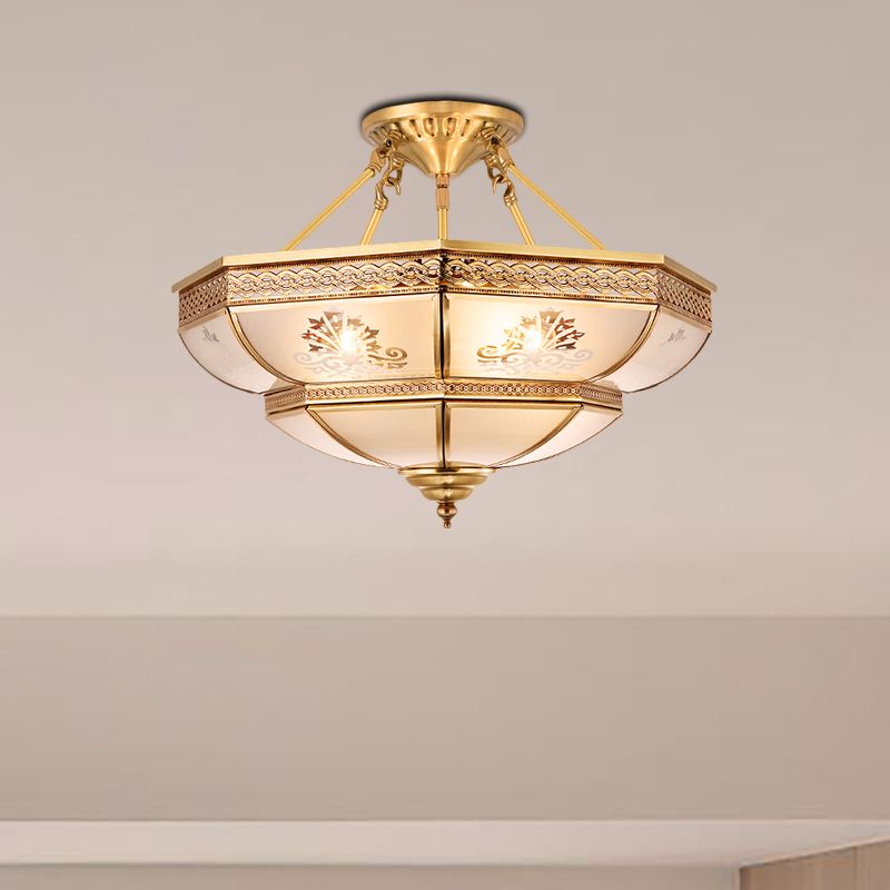 Ivory Glass Brass Ceiling Flush Bowl 4 Heads Colonialist Semi Mount Lighting for Living Room