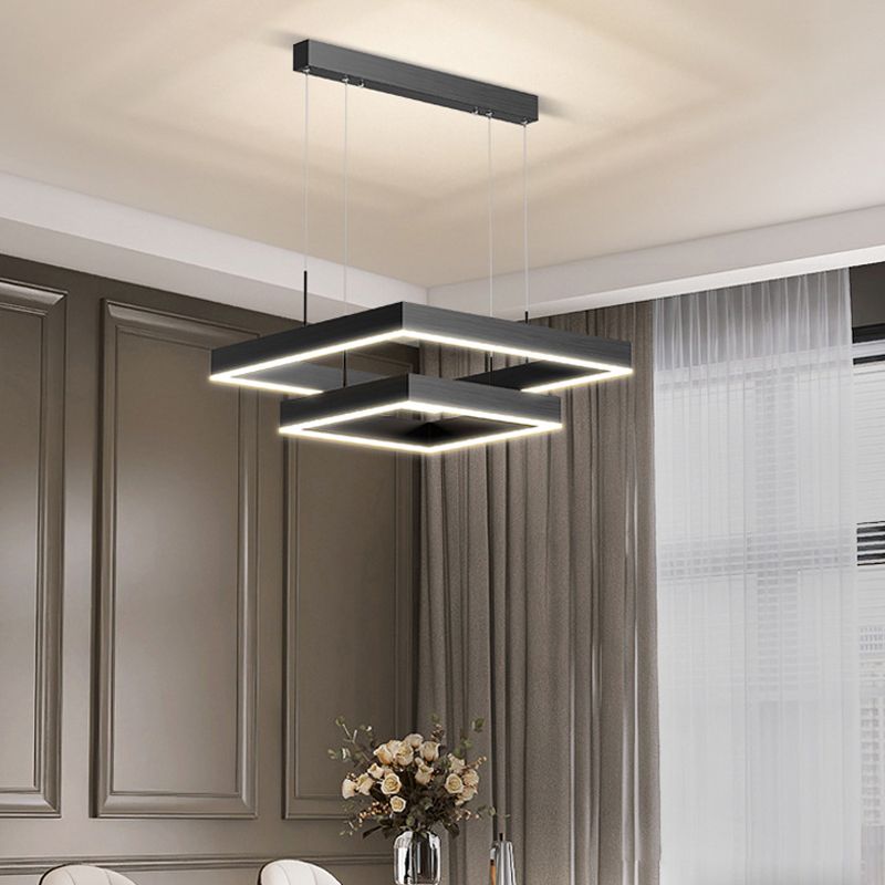 Modern Metal Chandelier Multi-Layer Square Chandelier Pendant Lamps in Black for Living Room