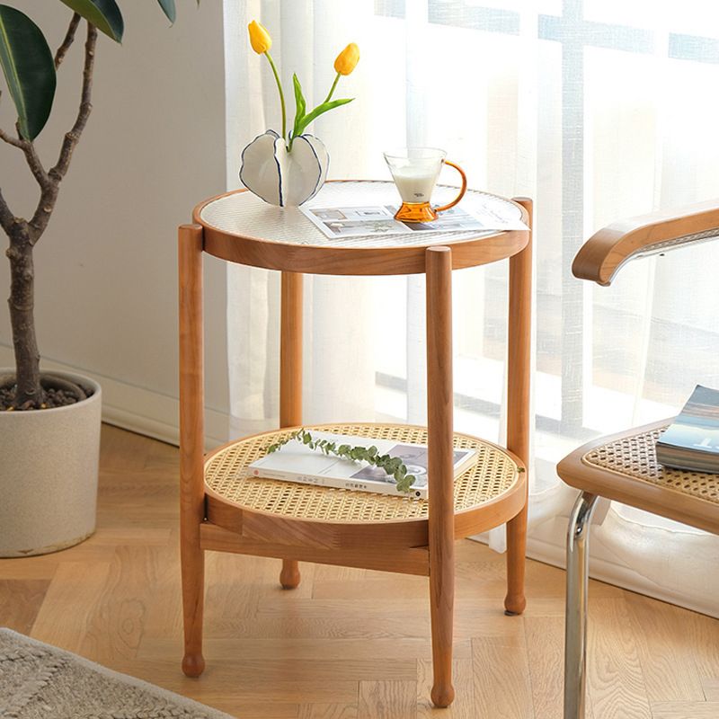 Modern Glass Top Solid Wood 4 Legs Round Double Tier Living Room Side Table