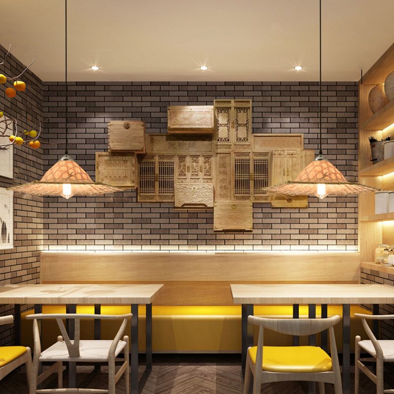 Straw Hat Suspension Lighting Asian Bamboo 1 Bulb Beige Ceiling Pendant for Restaurant