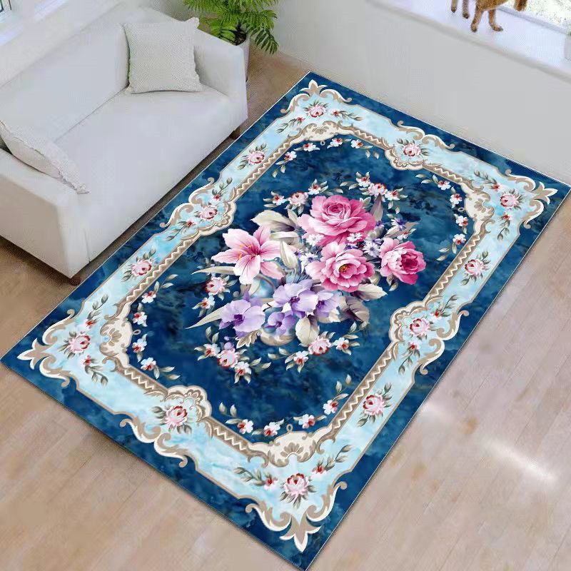 Blue Contemporary Rug Polyester Medallion Indoor Carpet Non-Split Area Rug for Living Room