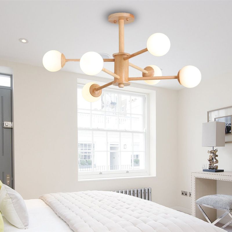 Éclairage de lustre étoilé en bois contemporain 6/8/12 lumières suspendues plafonniers à lampe avec une teinte à bille en verre blanc en bois naturel