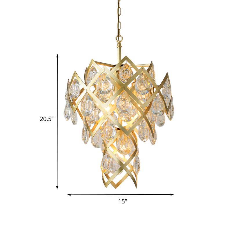 Mid Century Crisscrossed Chandelier 4 Lights Faceted Crystal Drip Pendant Light in Gold