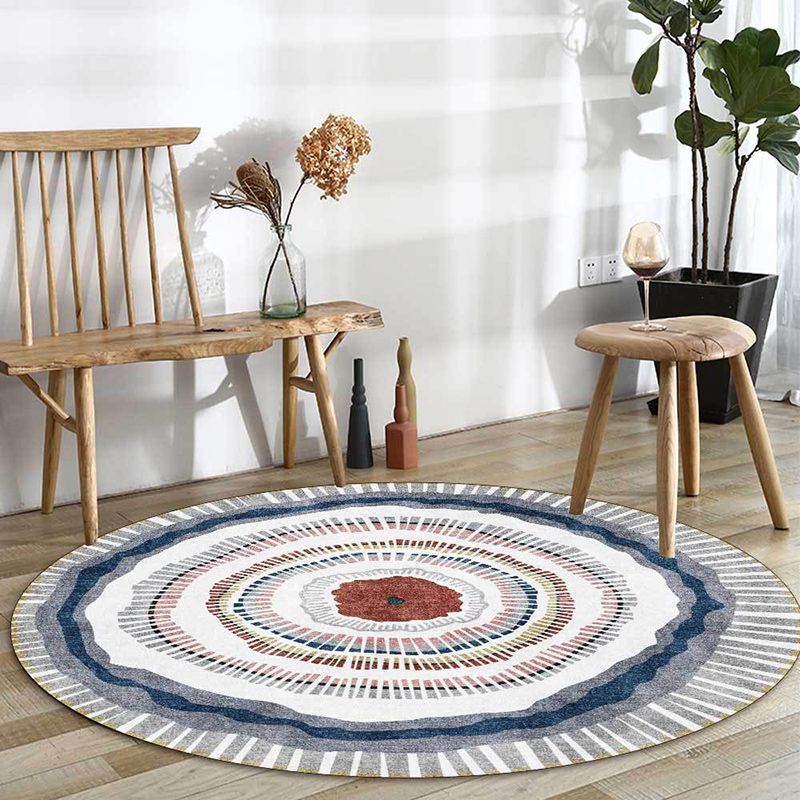 Green and White Bohemian Rug Polyester Concentric Circles and Striped Pattern Rug Washable Non-Slip Backing Carpet for Living Room
