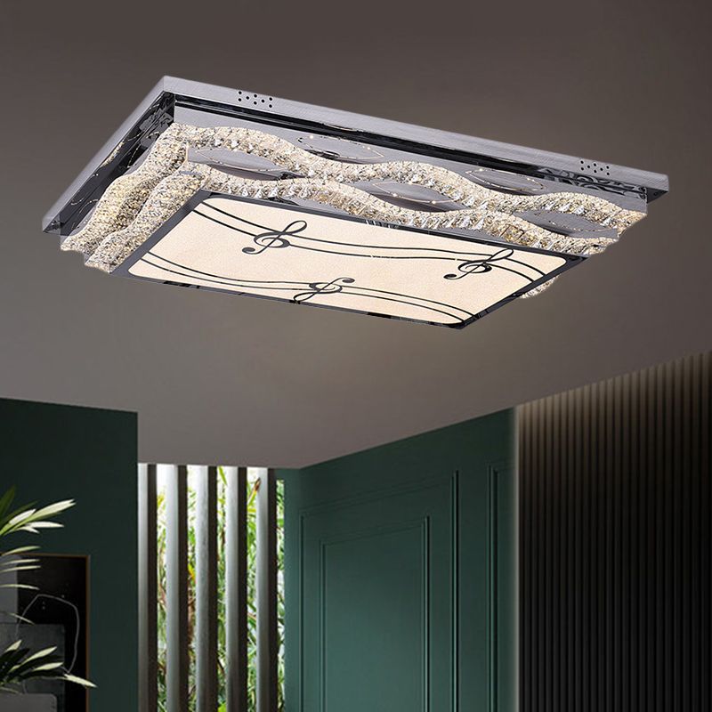 Rectangle Clear Crystals Ceiling Light Contemporary LED Bedchamber Flushmount in Stainless-Steel with Note Pattern