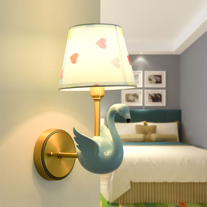 Empire Shade Bedside Wall Lamp Patterned Fabric Kids Wall Light Fixture with Resin Swan