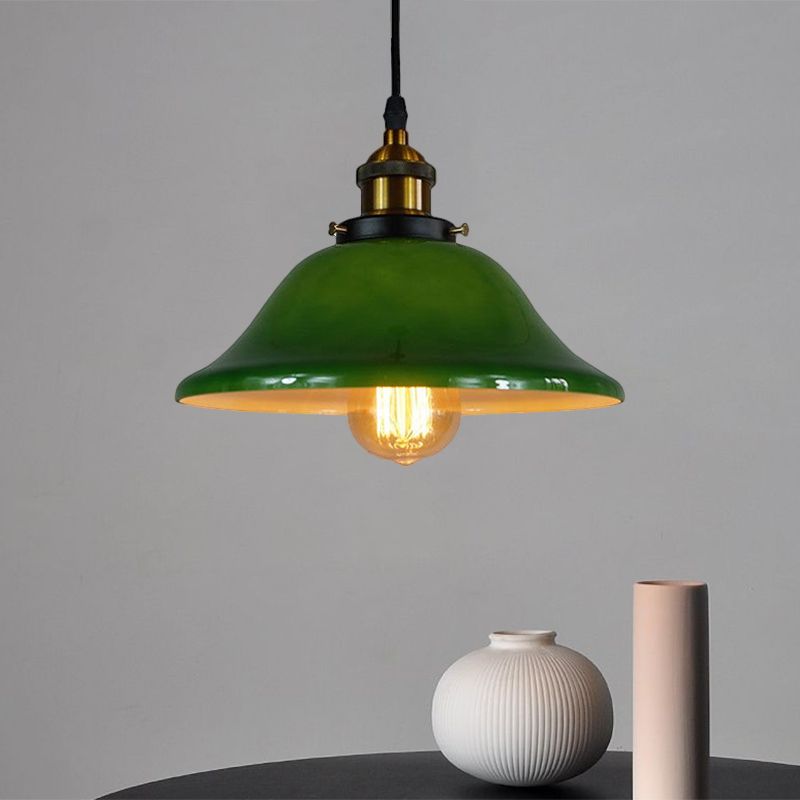 Brass Flared Pendant Fixture Antique Green Glass 1 Light Living Room Hanging Ceiling Light with Adjustable Pulley
