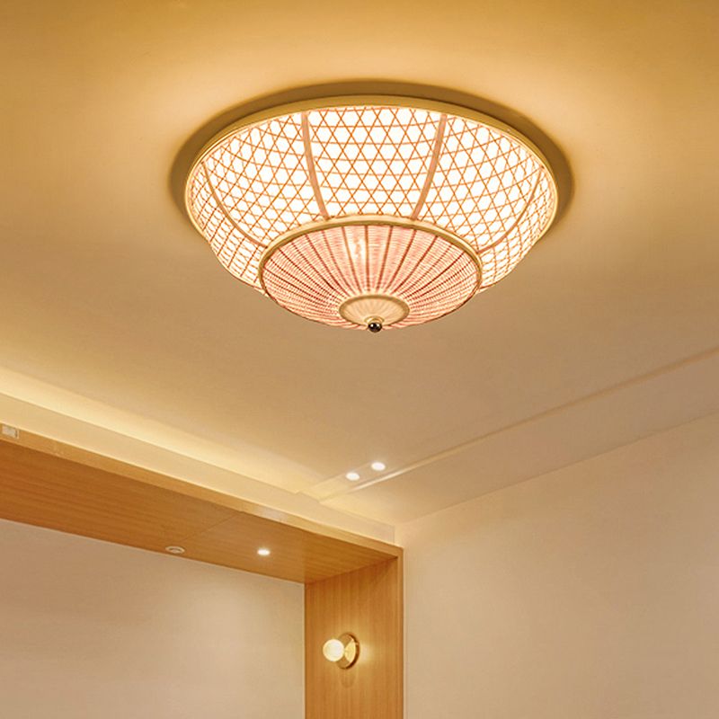 Dome Bamboo Flush Light Chinese 3 Bulbs Beige Ceiling Mounted Fixture for Living Room