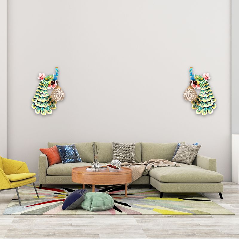 Blue/White Peacock Wall Mounted Light 1 Light Loft Style Resin 1/2-Pack Wall Lamp with Dome Crystal Shade, Double/Right/Left