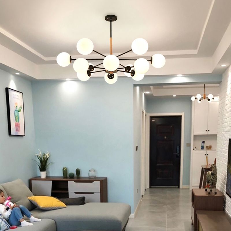 Modern Wood Chandelier Lighting Fixtures Multi-Head Globe Suspension Light for Living Room