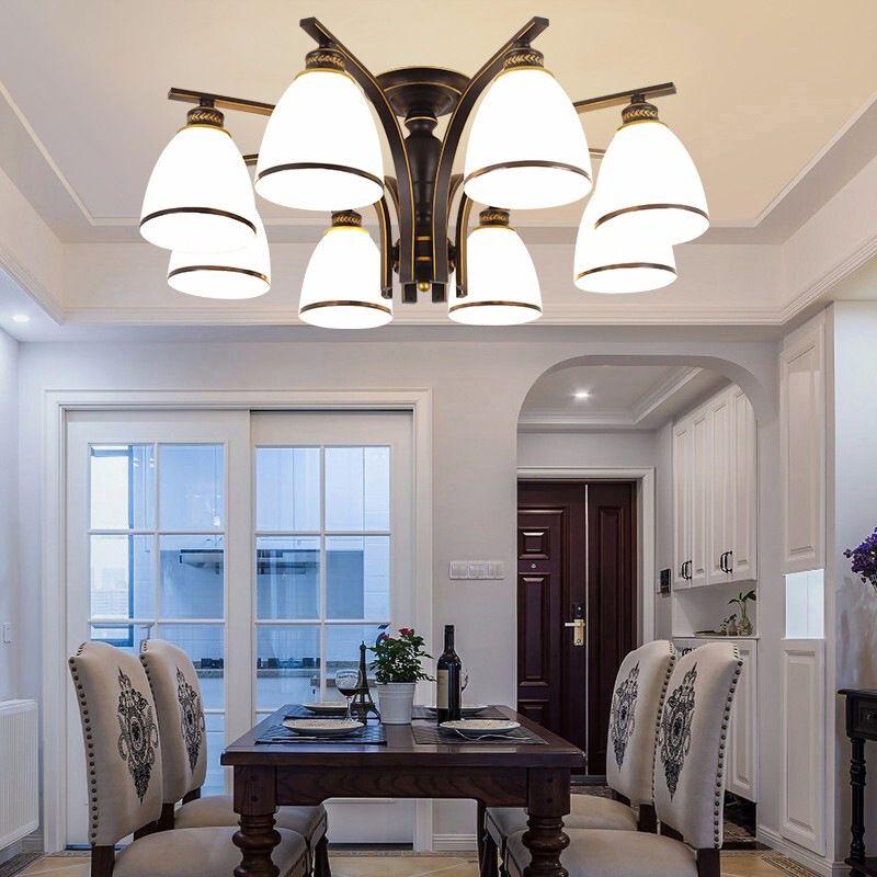 Minimalist Bell Shape Ceiling Light Cream Glass Semi Flush Light in Black for Dining Room