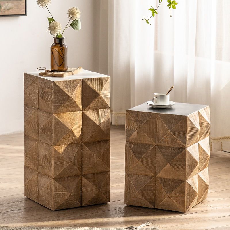 Sqaure Pine Drum Side Table Rustic Natural 14.37" Wide End Table