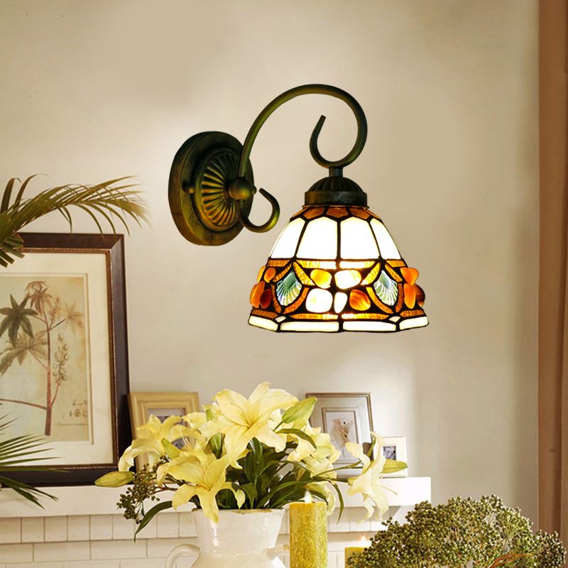 Dome Wall Lighting Idea Tiffany Stained/Beige/Green Stained Glass 1 Light White/Brass Sconce Light Fixture with Stone Deco