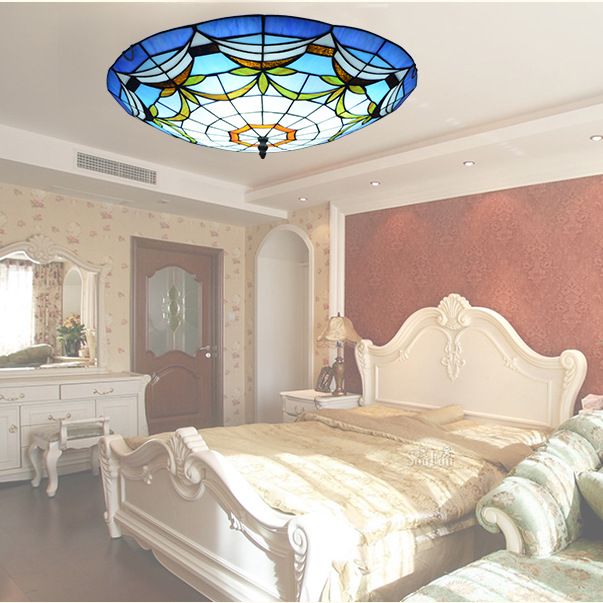 Tiffany Style Dome Flush Ceiling Light Hand Rolled Art Glass Ceiling Light for Bedroom