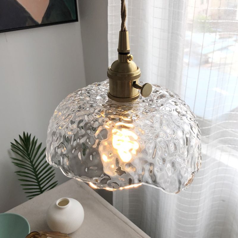 Translucent Hammered Glass Bowled Pendant Modernity Single-Bulb Brass Hanging Lighting Fixture