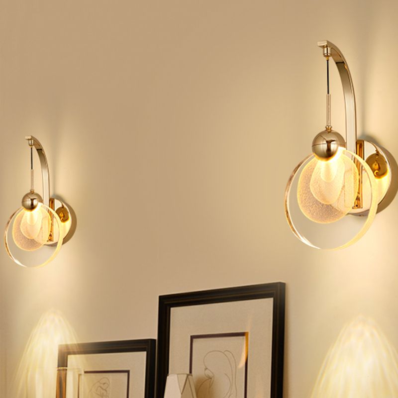 LED Great Room Wall Mount Light Modern Gold Wall Lighting Ideas with Round Crystal Shade