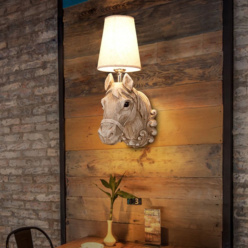 1 Light Wall Lamp Lighting Traditional Horse Resin Sconce Light Fixture in Light Brown with Tapered Fabric Shade