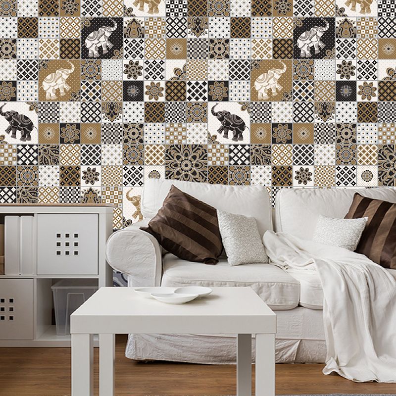 Brown Bohemian Wallpaper Panel 10.8-sq ft Elephant and Geometric Print Wall Decor, Peel and Stick