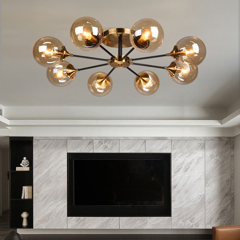 Moderne artistieke globe-plafondlamp, gelakt ijzer, semi-inbouw met glazen kap