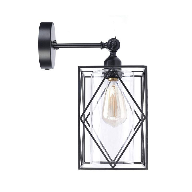Black Caged Wall Lamp Industrial 1 Head Metal Wall Lighting with Inner Cylinder Clear Glass Shade, Direct Wired Electric/Plug In Electric