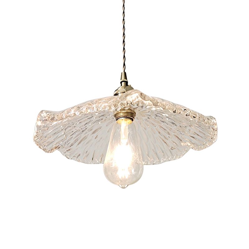 Single Lotus Leaf Shaped Pendant Lamp Farmhouse Brass Clear Carved Glass Hanging Light over Dining Table