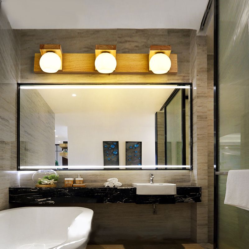 Wood Ball Mirror Wall Light Modern Multi Lights Wall Mounted Light Fixture in Brown