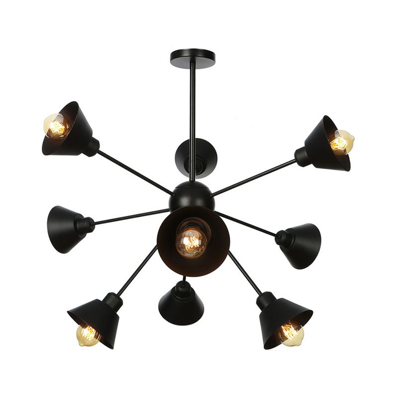 Cone Shade Metal Hanging Lamp Industrial Stylish 9/12/15 Lights Black Chandelier Pendant Light with Sputnik Design