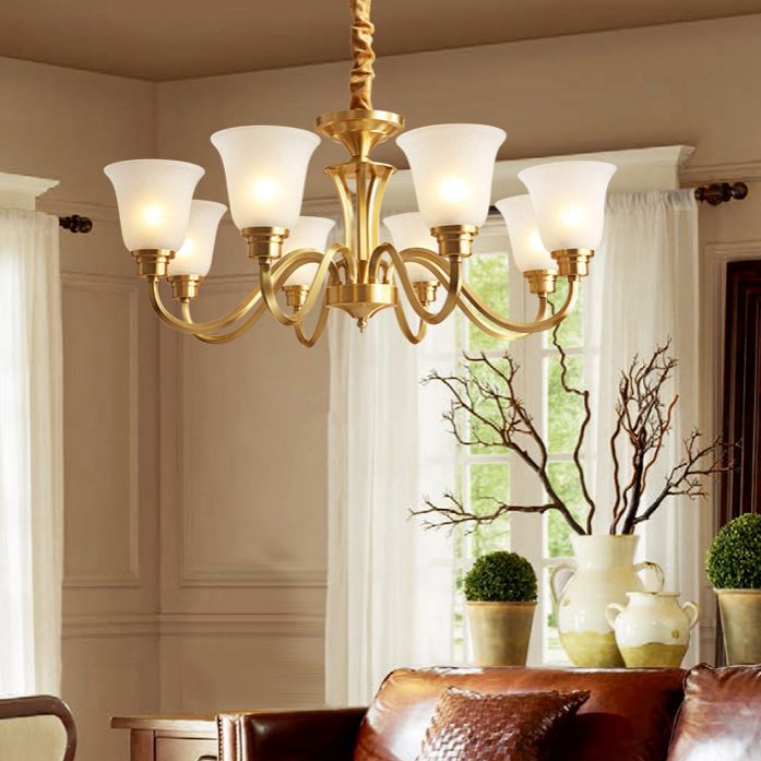 Traditional Brass Chandelier Light Multi-Head Suspension Light with White Glass Shade