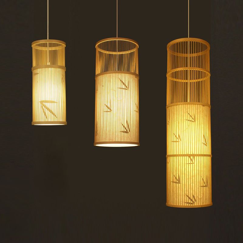 Cylindrical Restaurant Pendant Light Bamboo 1 Head Chinoiserie Hanging Light