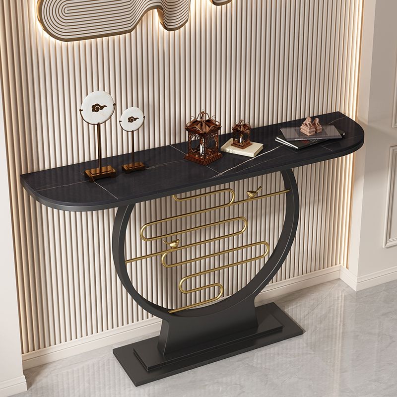 31.5" Tall Stone Console Accent Table Half Moon End Table with Shelf