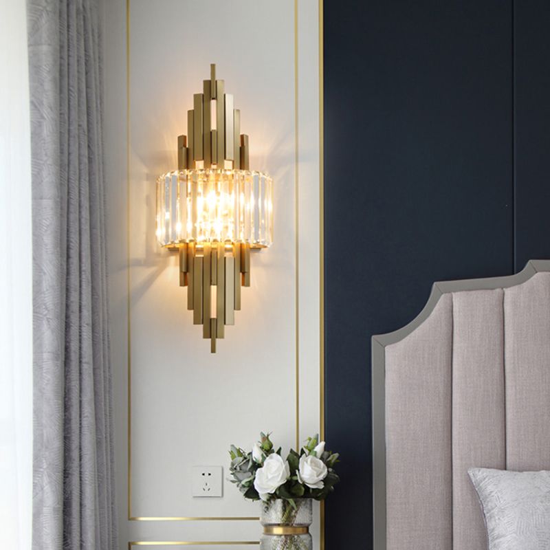 Gold Geometric Wall Sconce in Modern Luxury Style Metal Wall Lamp with Crystal Shade