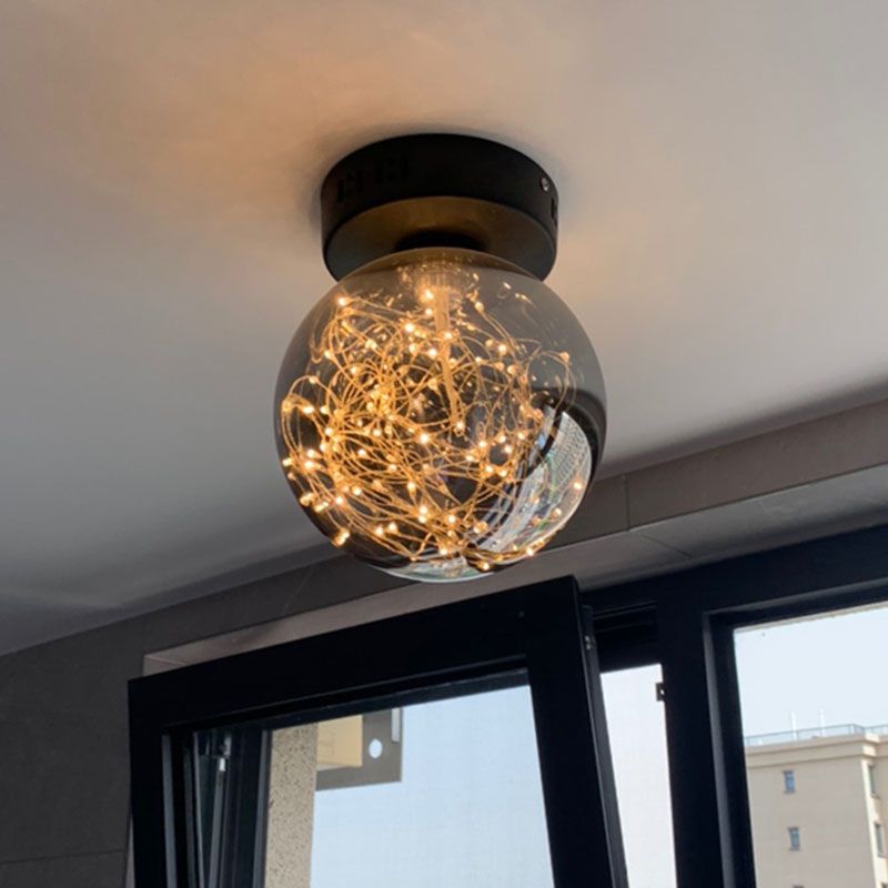 Orb Smoke Grey Glass Flush Ceiling Light Modernism LED Flush Mount with Inner Glowing String