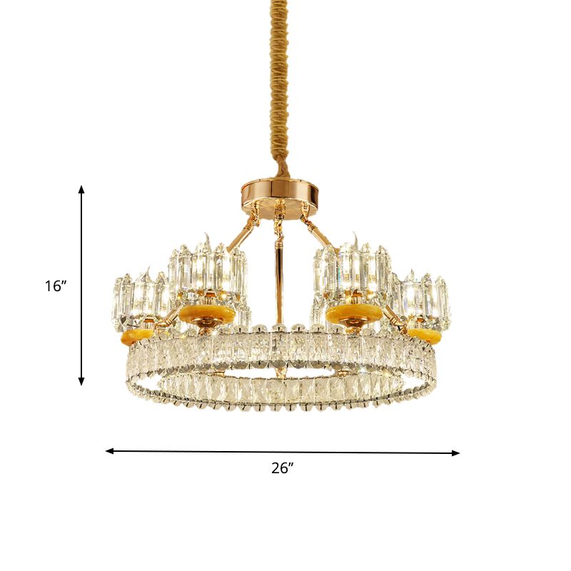 Cylinder Living Room Chandelier Lamp Modernism Crystal Block 6/8 Bulbs Gold Ring Ceiling Light