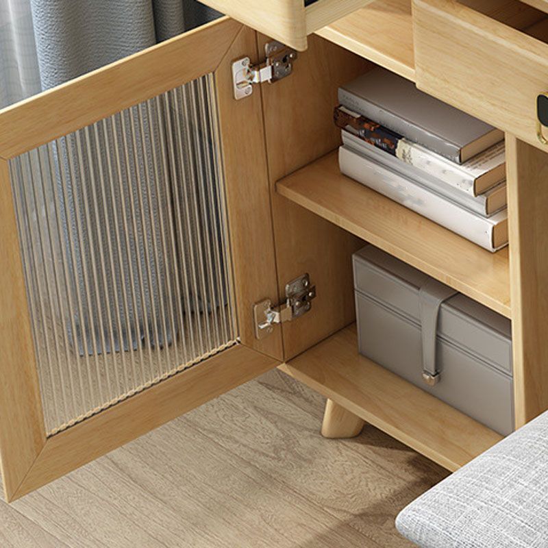 Wood Vanity Set with Stool and Mirror 4 Drawers Dresser Modern Style