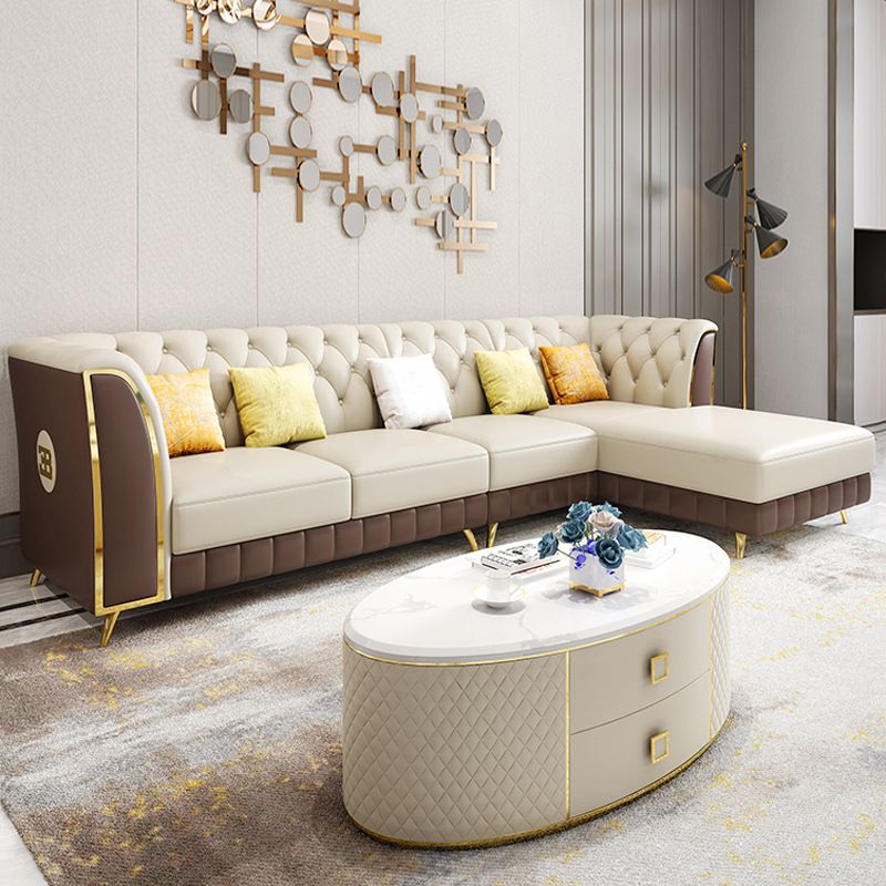 Genuine Leather Luxurious Sectional Tufted Back Sofa & Chaise with 5 Pillows