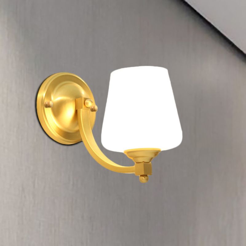 Gold 1/2-Bulb Wall Sconce Lamp Modern Style White Glass Cup Shaped Wall Lighting for Bedroom